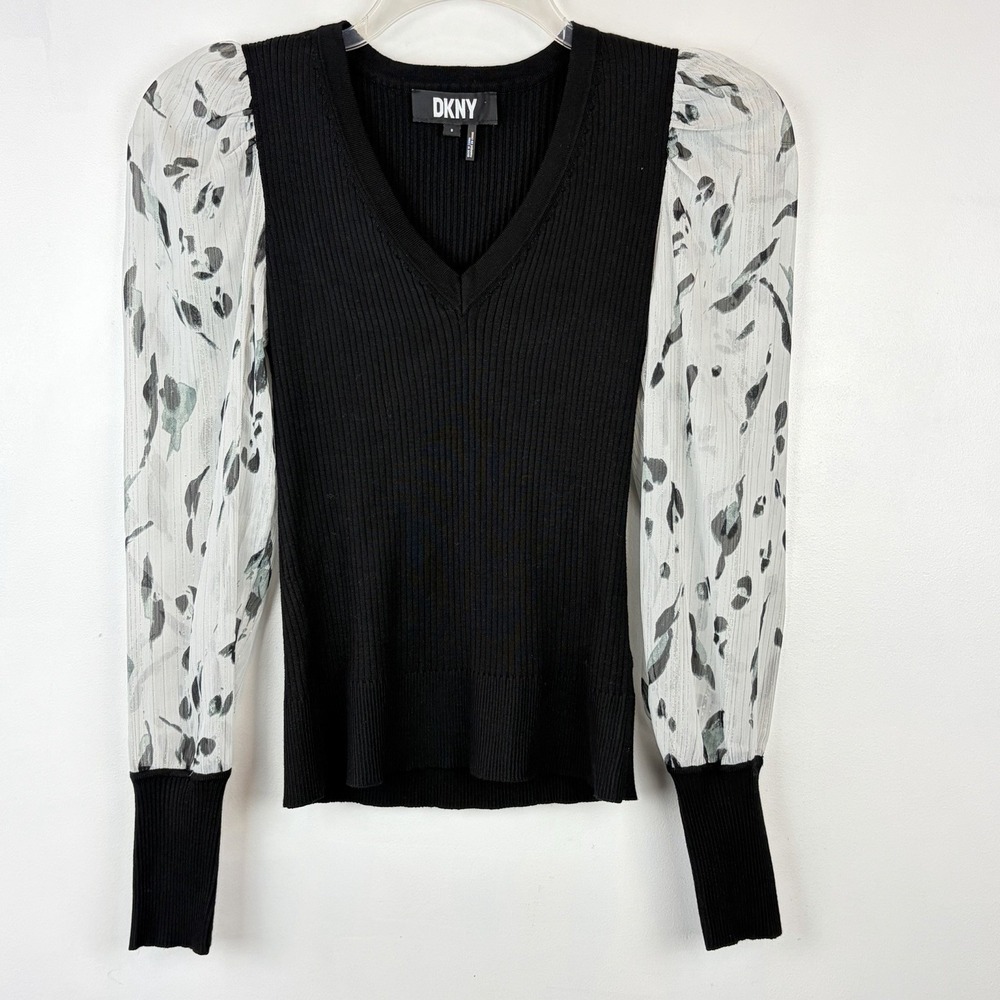 DKNY Top Womens Small Ribbed Sweater Sheer Sleeve Fitted Top Puff Sleeve
